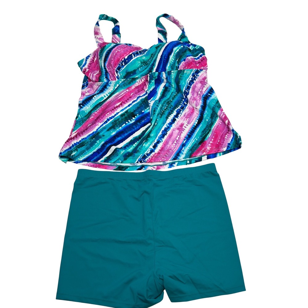 Kim Gravel x Swimsuits For All Rainbow Stripe Tankini Set Teal Blue Pink Size 12